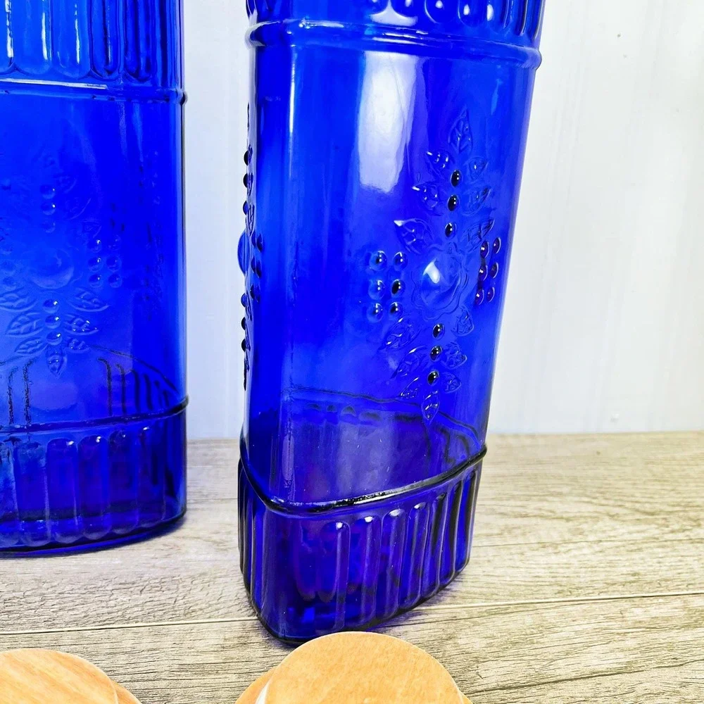 Vintage Cobalt Blue Canister Set of 3: Blue Glass Jars‎ with Wood Lids